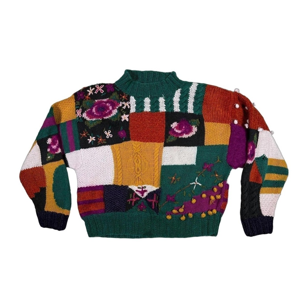 Vintage Jennifer Reed Patchwork Floral Embroidered Mock Neck Sweater M Womens